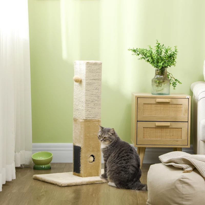 PawHut Poste Rascador para Gatos 79 cm Arañador para Gatos con Bola Colgante Poste de Yute 59,5x39x79 cm Beige y Crema