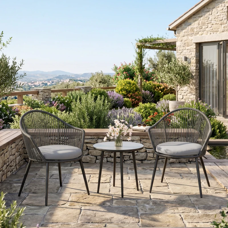 Outsunny Ensemble de jardin salon de jardin en résine tressée cadre en acier 2 fauteuils + 1 table basse coussins inclus gris