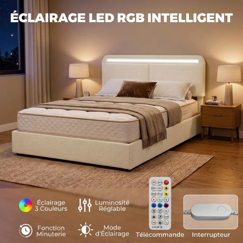 HOMCOM Lit Coffre 140 x 190 cm, LED RGB, Tête Réglable, Cadre de Lit Double Rembourré Velours, Rangement Hydraulique, Crème