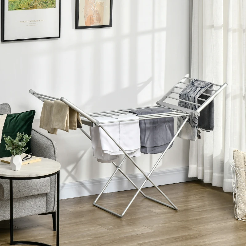 HOMCOM Stendino Elettrico Riscaldato con Ali Pieghevole Salvaspazio in Lega di Alluminio, 144x53x91cm, Argento