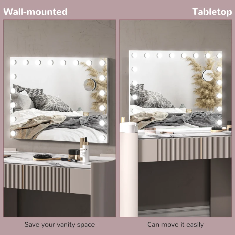 HOMCOM Hollywood Vanity Mirror with Lights, Large 80x62 cm Lighted Makeup Mirror with 3 Colour, 18 LED Bulbs, 10X Magnifying, USB Charging Port, Touch Screen, Tabletop or Wall Mounted Design, White