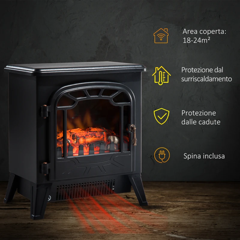HOMCOM Camino Elettrico con Effetto Fiamma Regolabile, Caminetto Elettrico 925W/1850W con Temperatura Regolabile, Termostato, Protezione da Surriscaldamento, 36 x 25.5 x 41.5cm, Nero