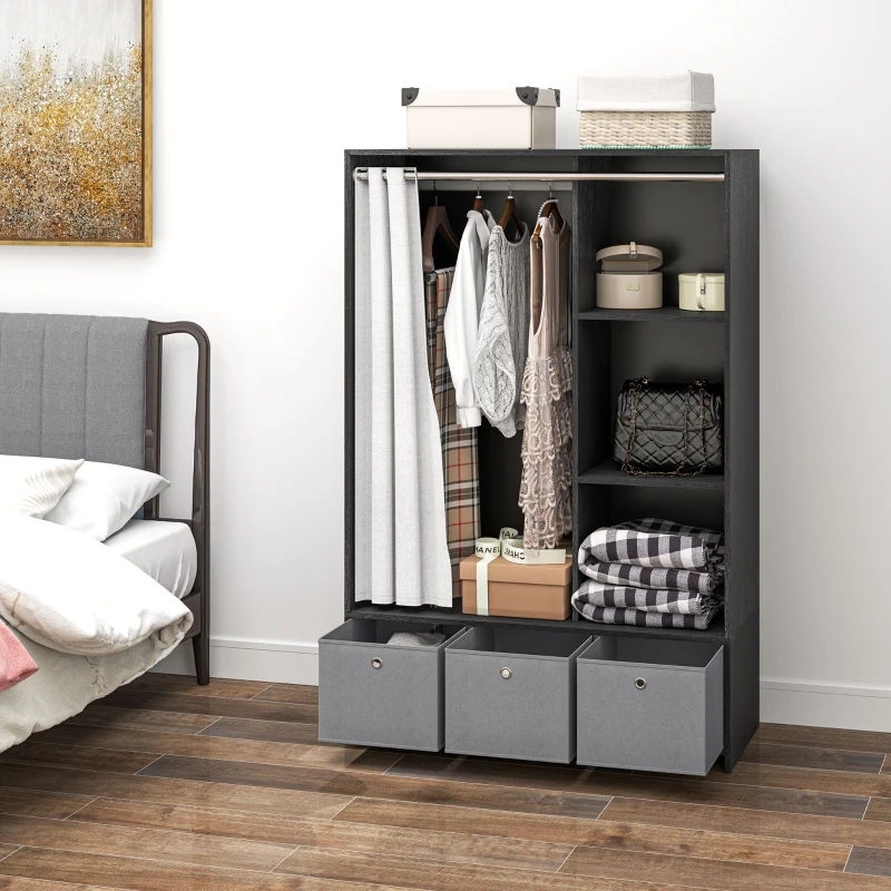 HOMCOM Armoire penderie armoire de rangement avec tringle rideaux 3 niches et 3 tiroirs en tissu amovibles 105 x 48 x 160 cm