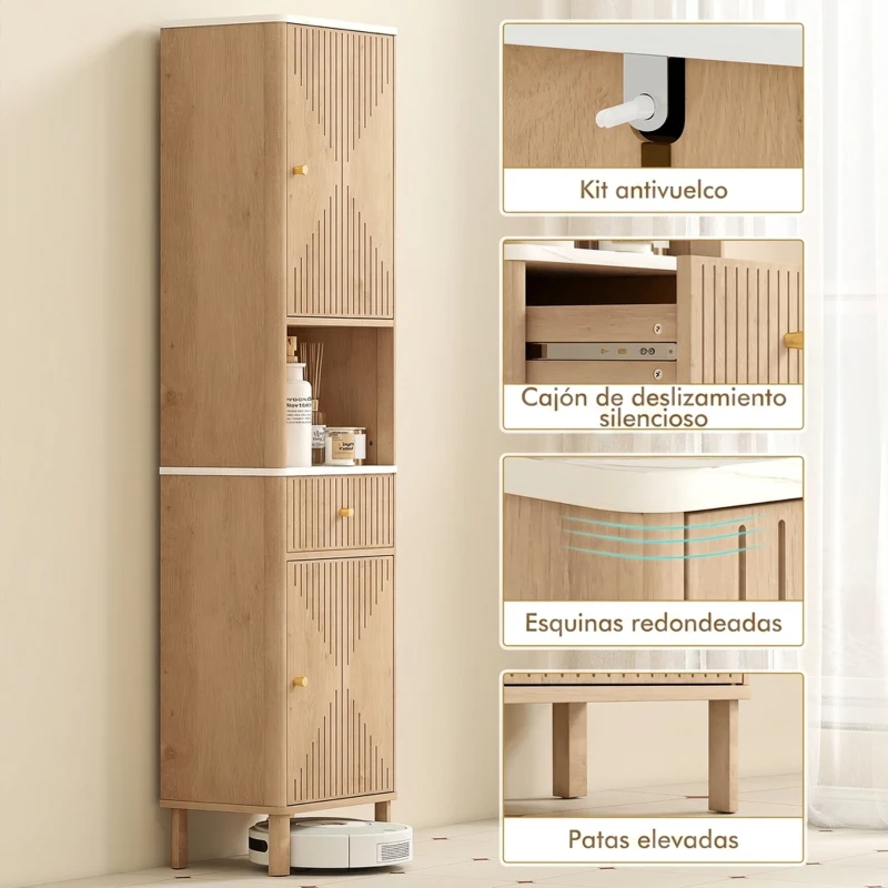 HOMCOM Columna de Baño con Cajón, 2 Armarios y Estantes Ajustables, Estante Efecto Mármol, 41.5x30x168 cm, Roble
