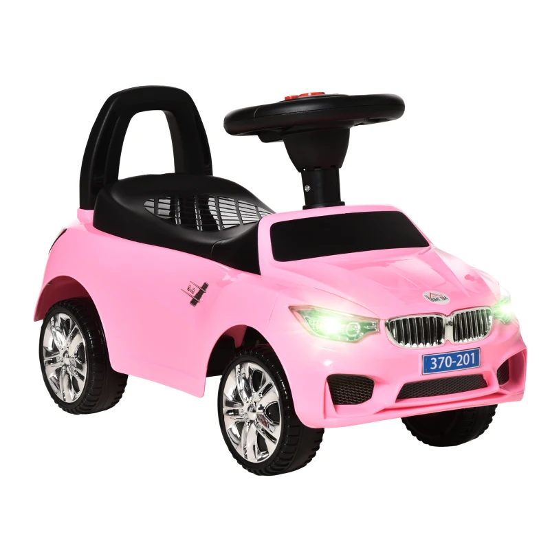 HOMCOM Porteur enfants voiture, véhicule à pousser avec coffre à jouets, klaxon, phares et musique, 63,5 x 28 x 36 cm, rose