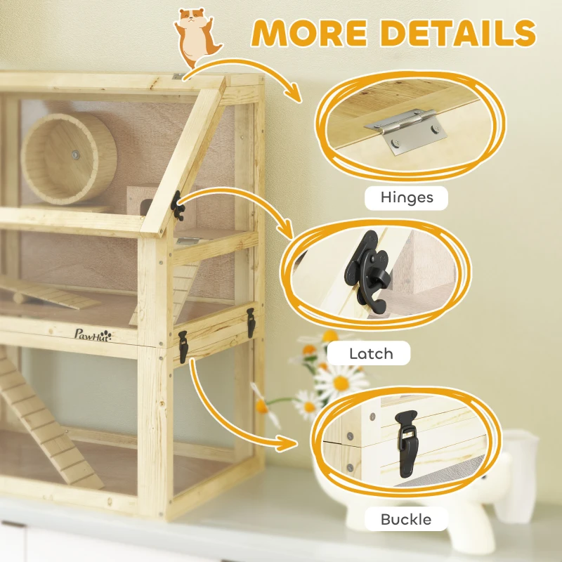 PawHut Cage Hamster Rongeur à 3 Niveaux, Fond Amovible, Cabane, Balançoire, 60x40x75cm, Finition Bois Naturel