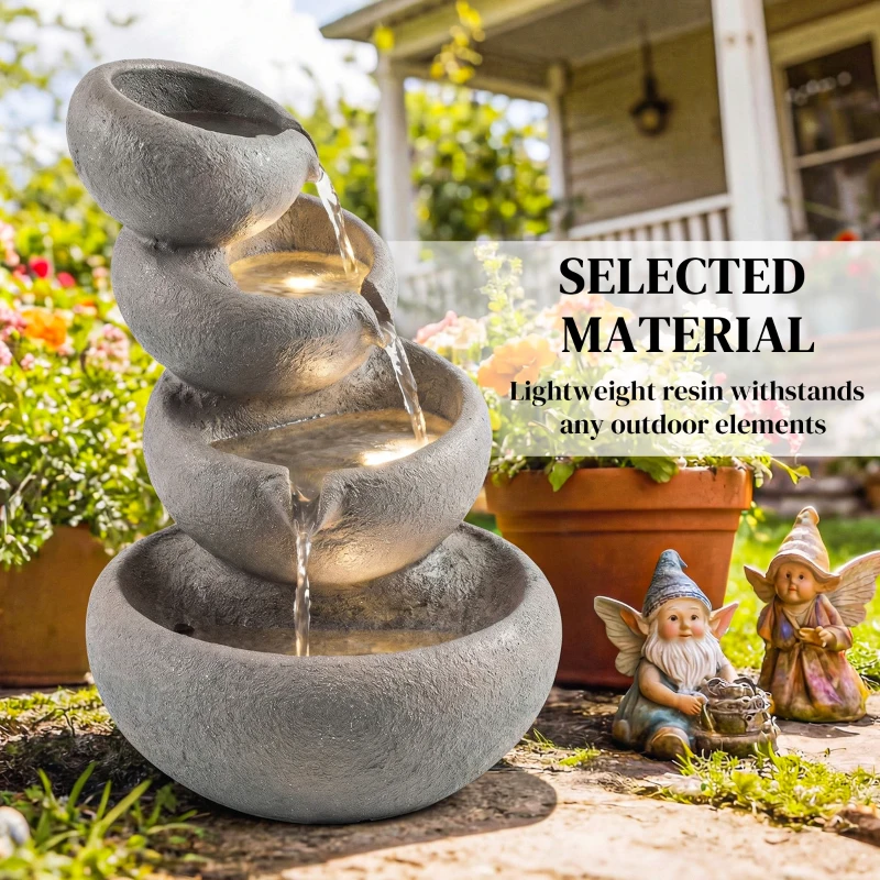 Outsunny 4-Tier Water Fountain Outdoor, Garden Water Feature with LED Lights and Pump, Freestanding Resin Waterfall for Patio