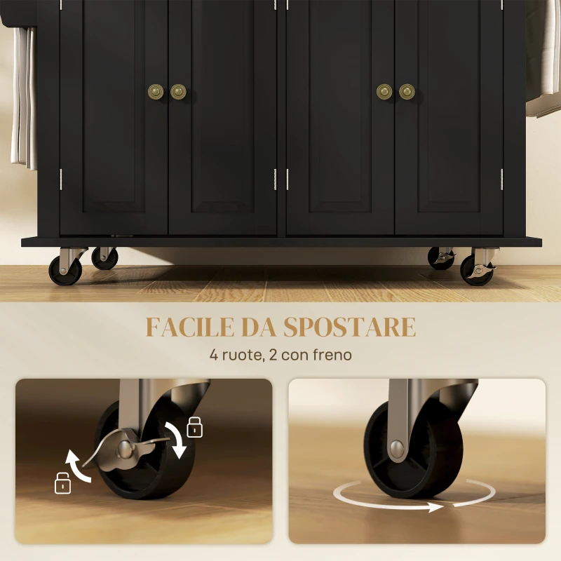HOMCOM Carrello da Cucina Portavivande con Cassetti, Armadietti e Portaspezie, in Legno e MDF, 111x44.5x82.5 cm, Nero