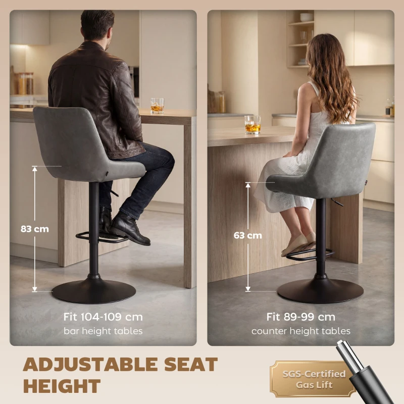 HOMCOM Retro Bar Stools Set of 2, Adjustable Kitchen Stool, Upholstered Bar Chairs with Back, Swivel Seat, Dark Grey