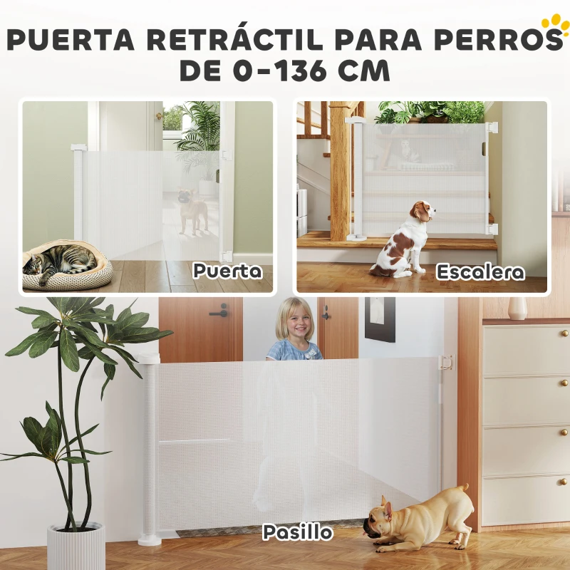 PawHut Barrera de Seguridad para Perros Retráctil con Interruptor de Cierre para Puertas Escaleras Pasillos 142x10x87 cm Blanco