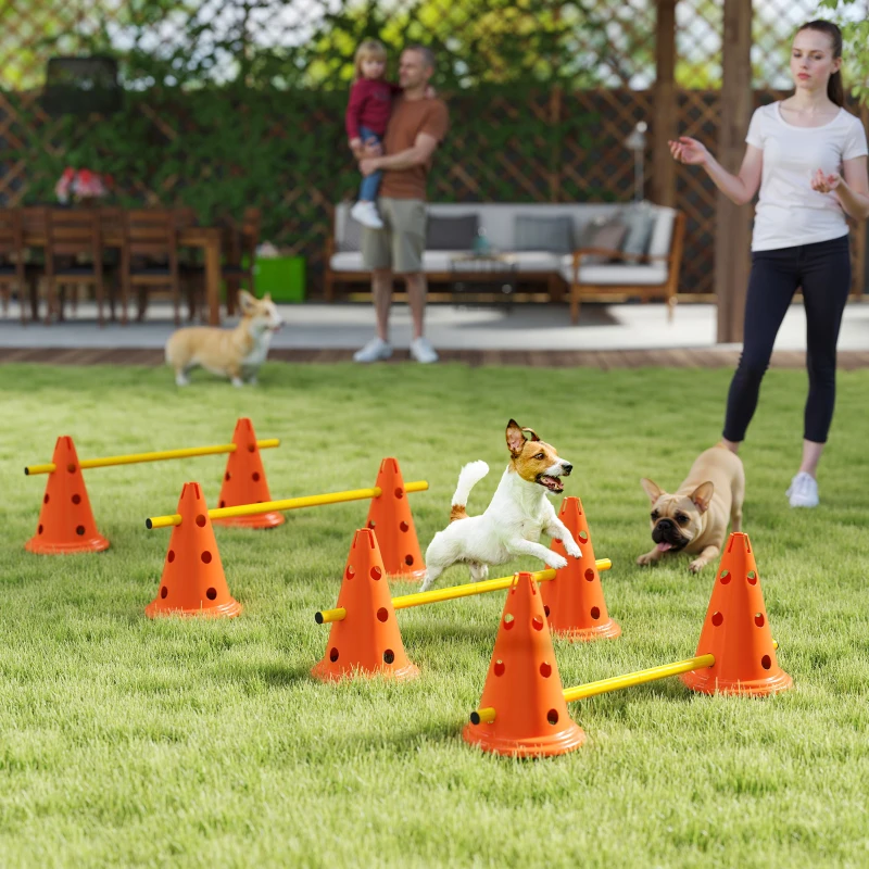 PawHut Dog Agility Equipment Set of Eight Cones, Eight Poles w/ Carry Bag, Four-Piece Adjustable Height Jumping Obstacles