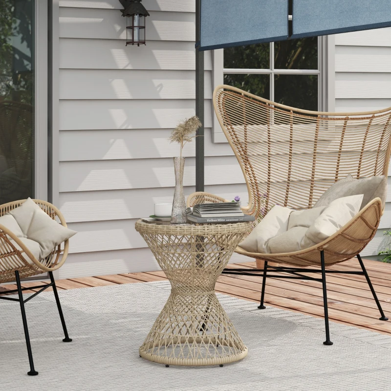 Outsunny Couchtisch Beistelltisch Boho-Design, Glasplatte, PE-Rattan, 45 cm x 45 cm x 52 cm, Natur