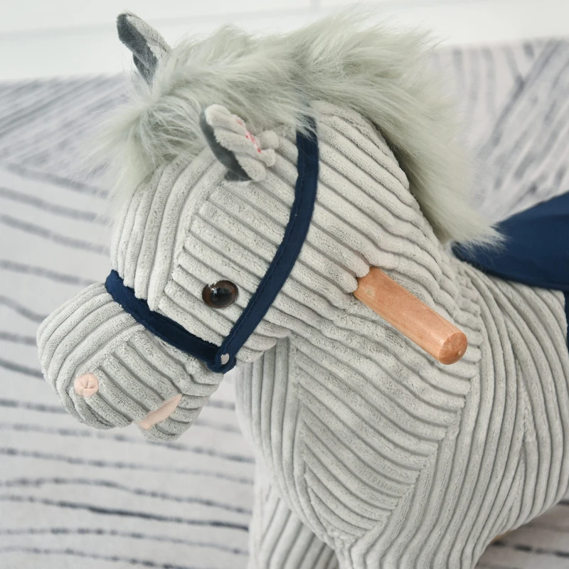 HOMCOM Caballito Balancín Infantil para Niños de +3 Años Caballo Mecedora de Felpa con Sonidos de Relincho y Galope Base de Madera Carga 45 Kg 73x35x64 cm Azul y Rayas Gris