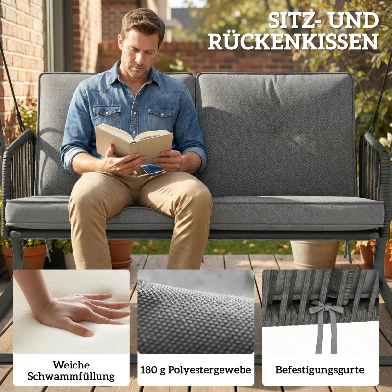 Outsunny Hollywoodschaukel Rattan 2-Sitzer Gartenschaukel mit Verstellbarem Sonnendach weichem Kissen A-Rahmen