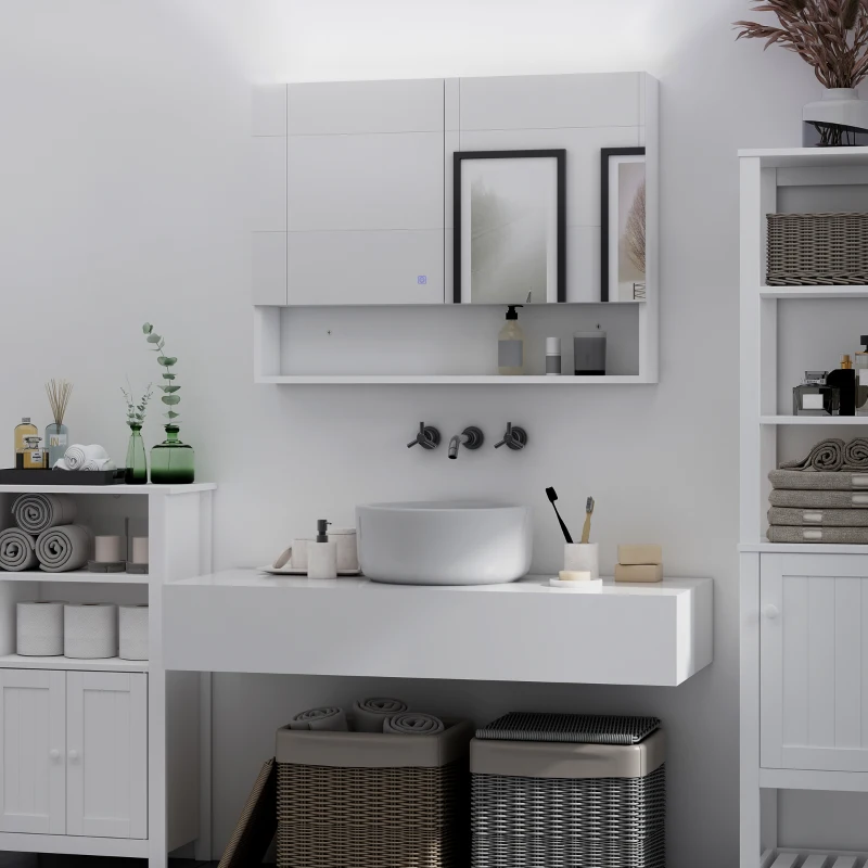 HOMCOM Armadietto con Specchio a Muro, Luci a LED, Ripiano Aperto e Ripiano Interno, 80x15x60cm