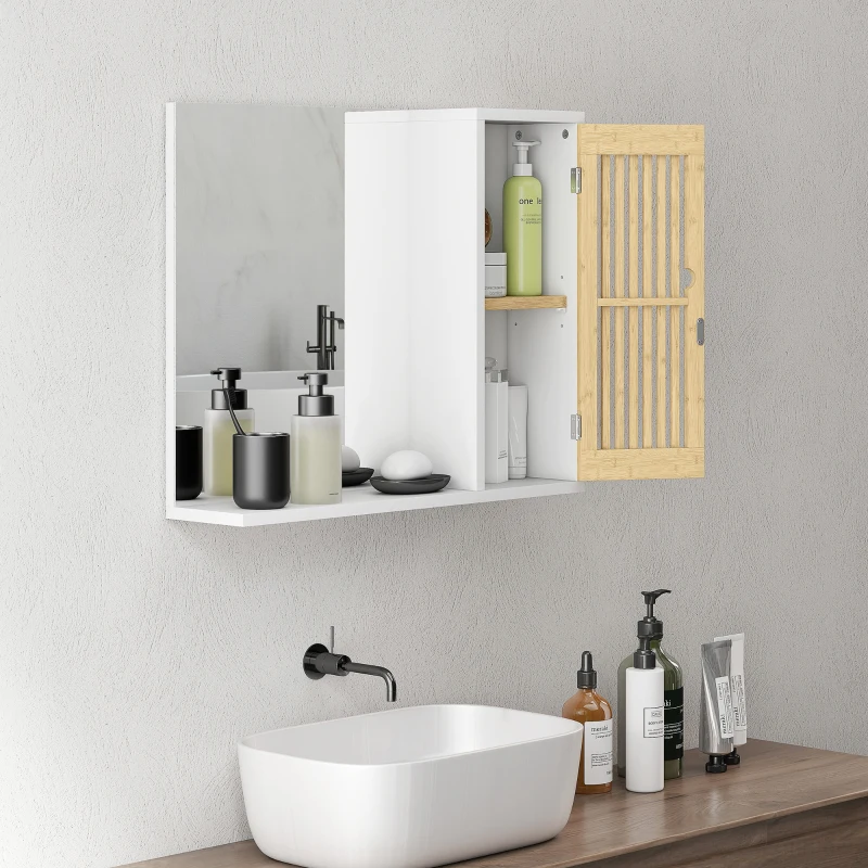 HOMCOM Espejo de Baño 60x50 cm Espejo de Pared con Puerta de Listones de Bambú Estantes de Almacenaje Blanco y Natural