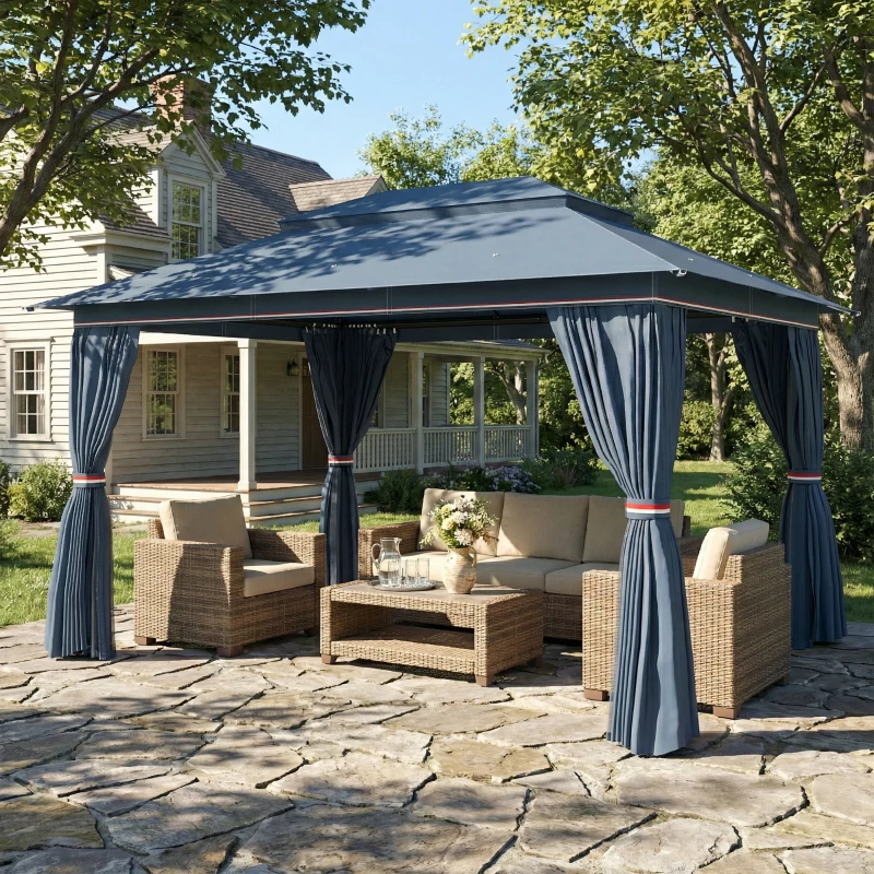 Outsunny 3 x 4 m Outdoor Garden Gazebo with Netting and Curtains, UPF50+ Patio Gazebo Permanent Pavilion Canopy, Dark Blue