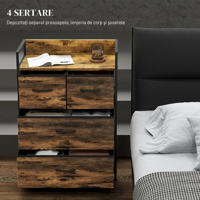 HOMCOM Comodă cu 4 Sertare Detașabile, Design Industrial din Lemn și Oțel, 60x29x85 cm, Maro și Negru