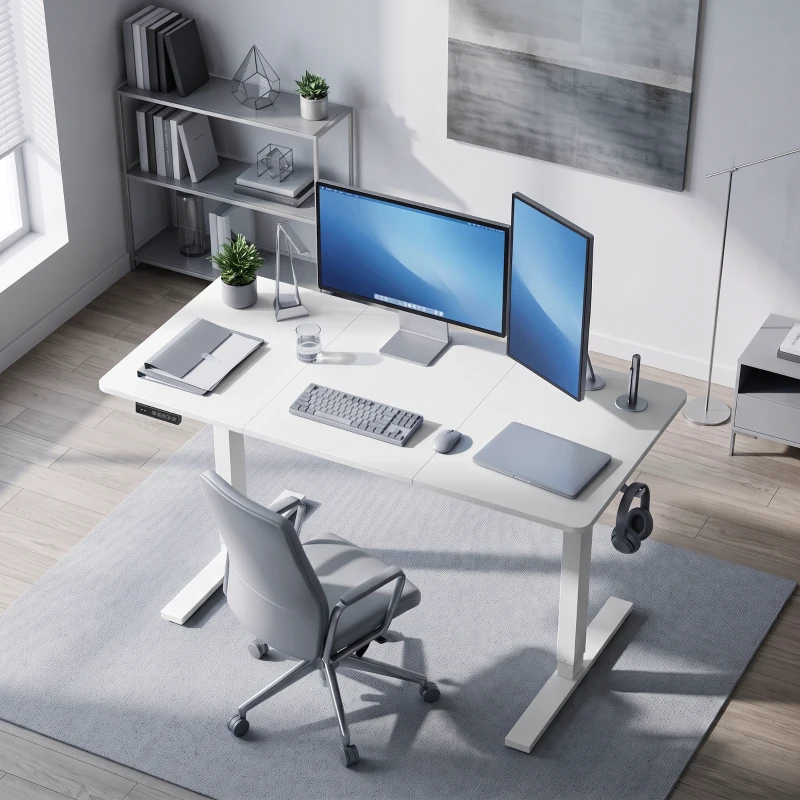 HOMCOM Standing Desk Memory Control Height Adjustable Desk 2 Cable Holes LED Display Sit Stand Desk White