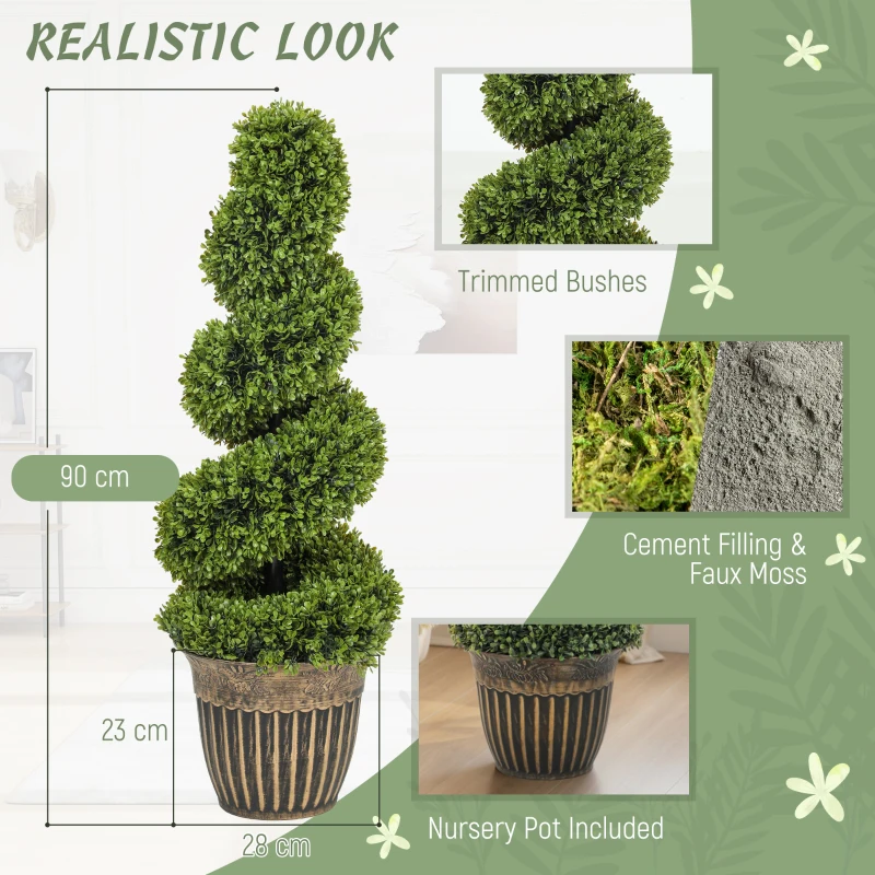 HOMCOM Set of 2 Artificial Plants, Topiary Spiral Boxwood Trees with Pot, for Home Indoor Outdoor Decor, 90cm
