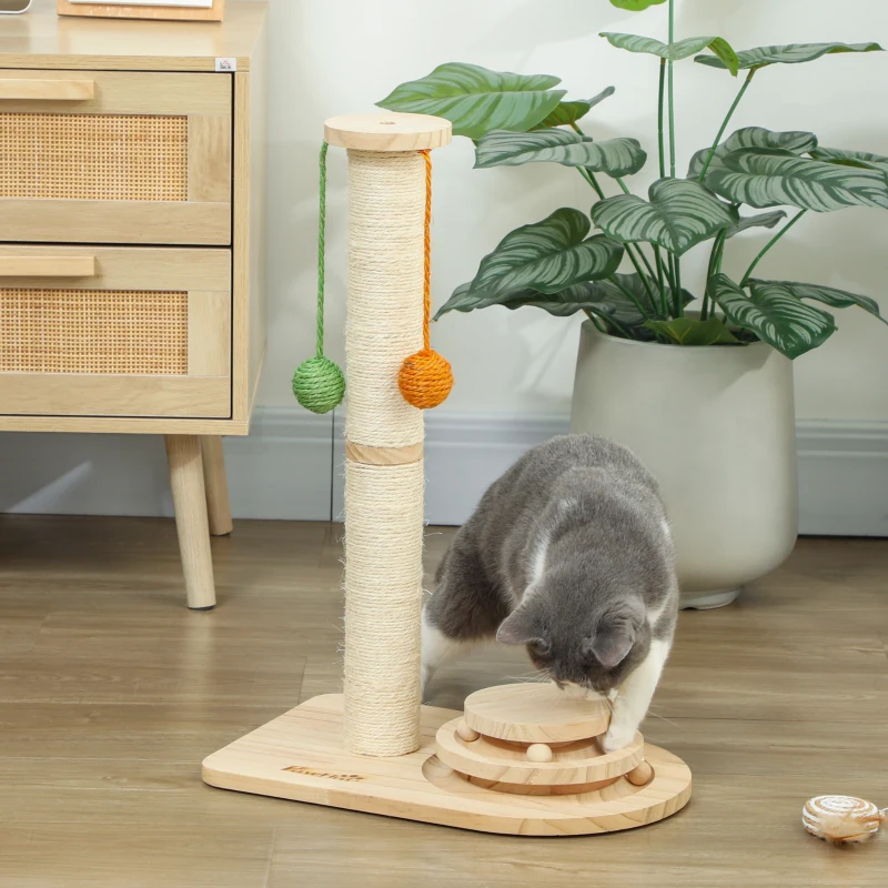 PawHut Poste Rascador para Gatos Altura 56,5 cm con 3 Bolas Colgantes Juguete de Pelota de Pista Madera Natural