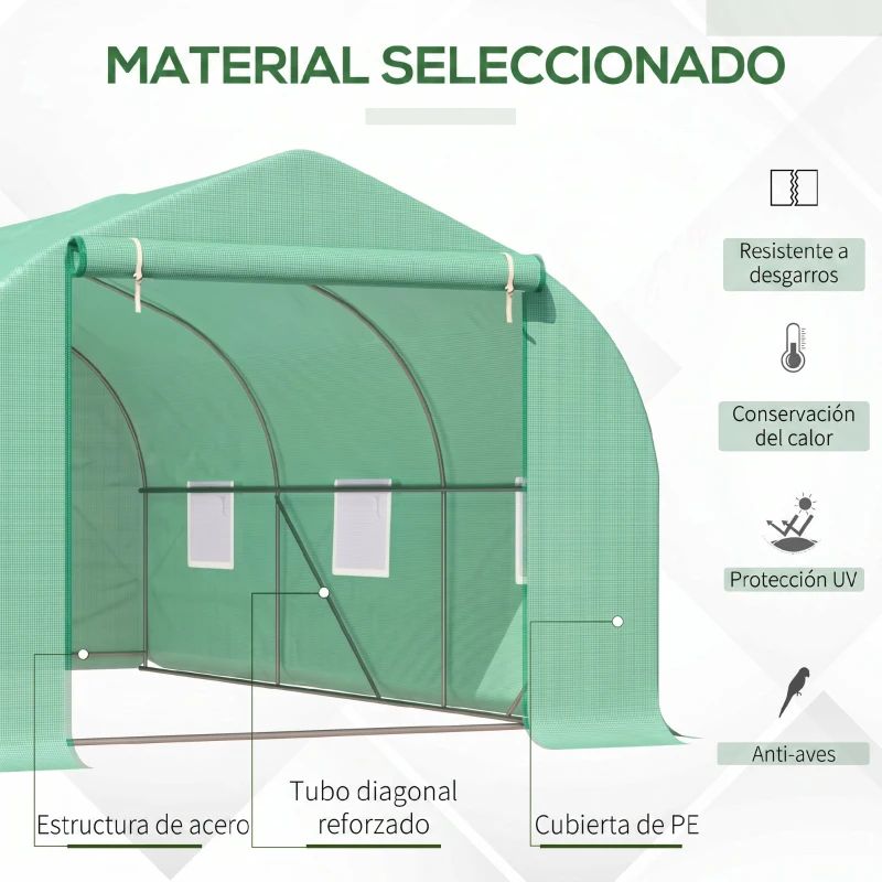 Outsunny Invernadero de Túnel 450x300x205 cm Invernadero de Jardín con 6 Ventanas Cubierta de Polietileno PE 140 g/m² y Estructura de Acero para Cultivo Plantas Jardín Terraza Verde