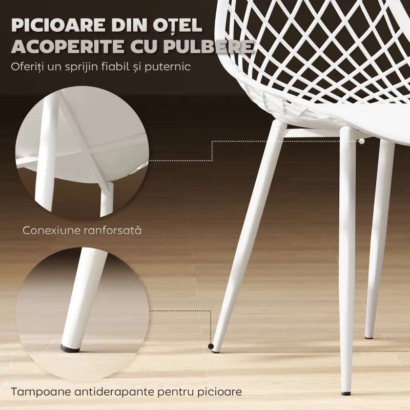 HOMCOM Set 4 scaune de masă moderne cu spătar perforat din plastic și picioare din metal, alb