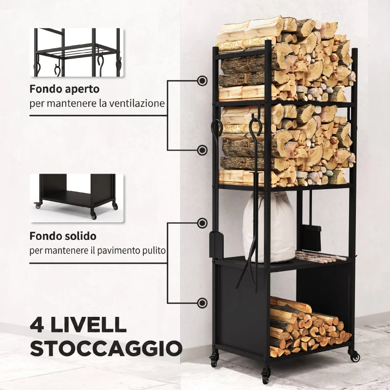 Outsunny Porta Legna per Interni ed Esterni con Ruote e 4 Utensili, Pala, Attizzatoio, Spazzola e Pinze, Legnaia in Metallo, 45x30x118 cm, Nero