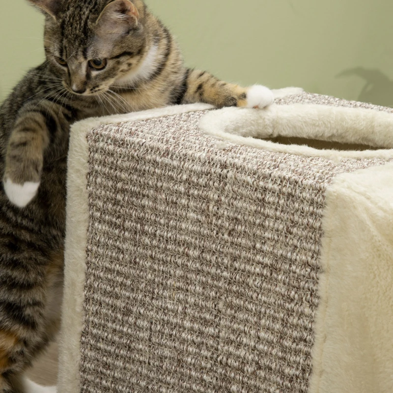 PawHut Tunnel per Gatti Pieghevole con Casette, Tiragraffi e Pallina in Peluche e Sisal, Crema