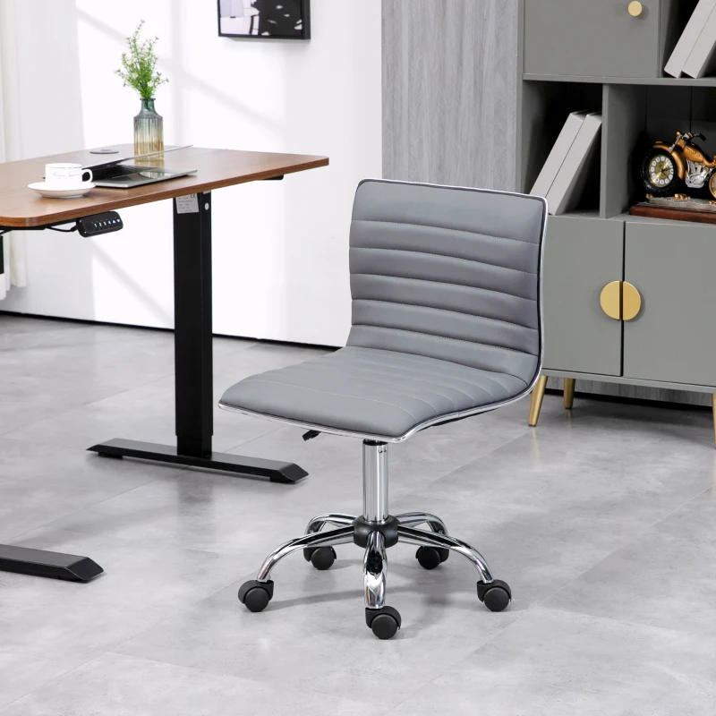 HOMCOM Adjustable Swivel Office Chair - Armless Mid-Back in PU Leather with Chrome Base, Light Grey