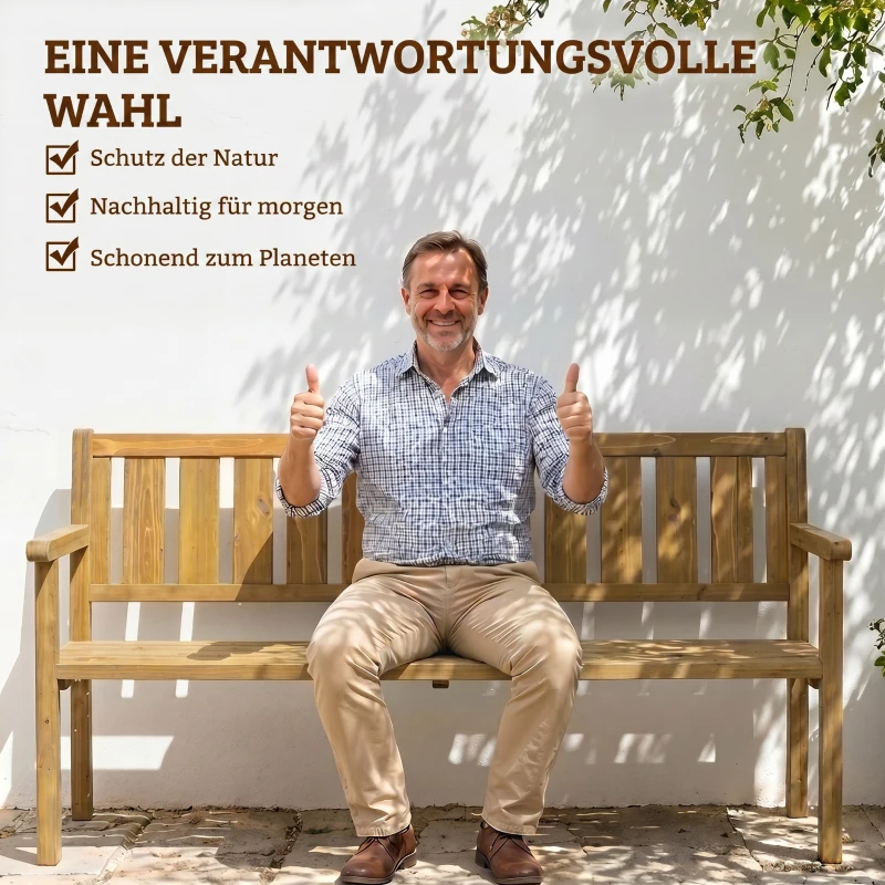 Outsunny Gartenbank 3-Sitzer Wetterfest Holzbank mit Rückenlehne Armlehnen, Holz Sitzbank 360 kg belastbar Teak
