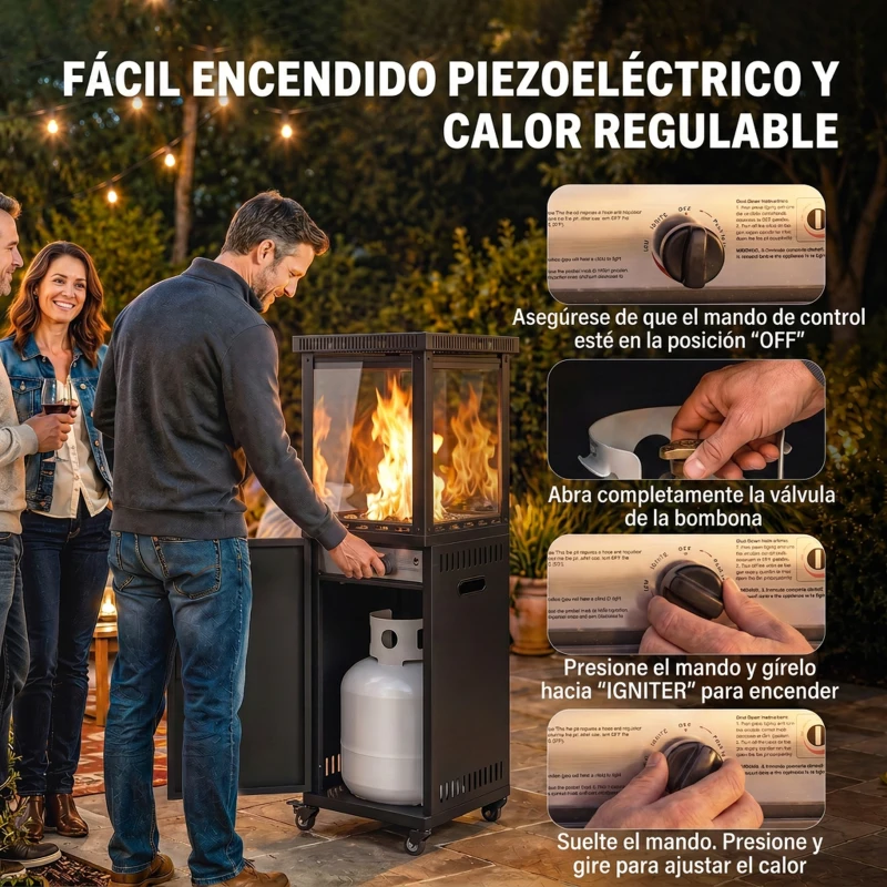 Outsunny Estufa de Gas para Terraza 13 kW con Encendido Piezoeléctrico Antivuelco 4 Ruedas Vidrio Templado Piedras de Lava Negro