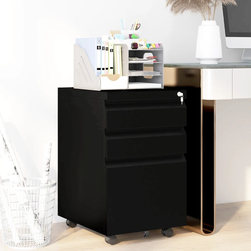 Vinsetto 3-Drawer Filing Cabinet with Lock, Mobile Steel File Cabinet for A4, Legal and Letter Size, Under Desk Drawers with Pre-Assembled Body for Home Office, 37 x 43.5 x 60 cm, Black