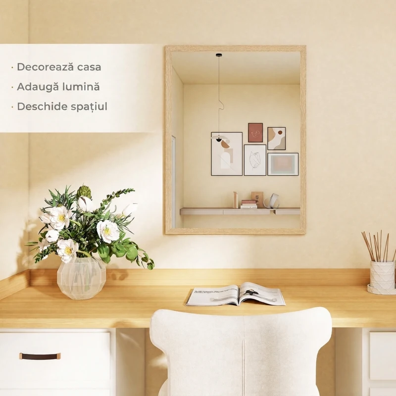HOMCOM Oglindă de perete dreptunghiulară cu cârlige, din sticlă și MDF, 60x80 cm, finisaj lemn