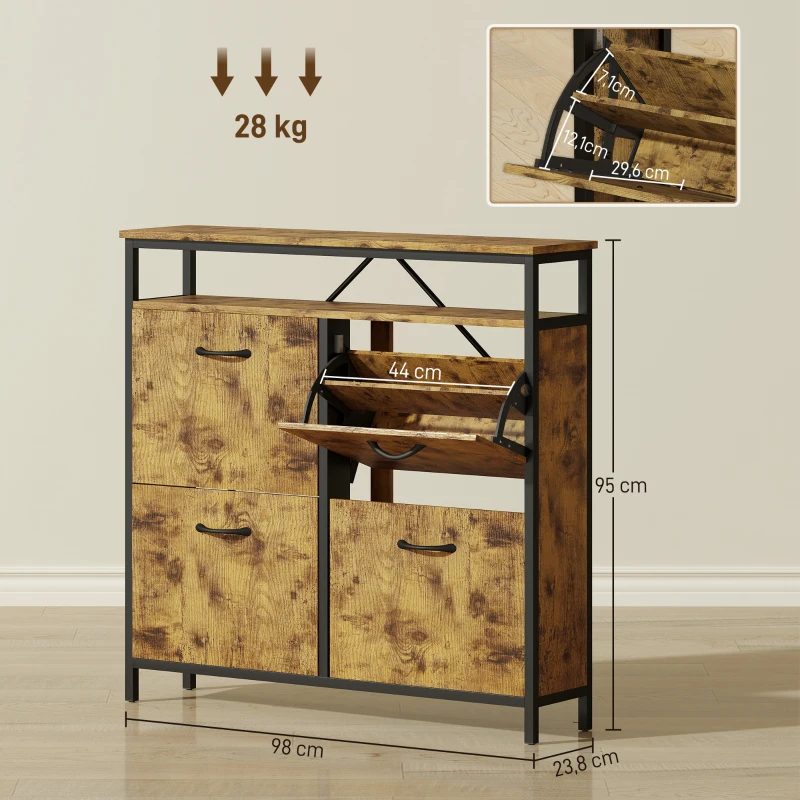 HOMCOM Schuhschrank mit 4 klappbaren Schubladen, schmales Design, offenes Regal, für 12-20 Paar Schuhe, Stahl, Braun