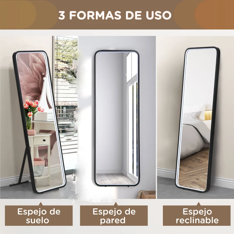 HOMCOM Espejo de Cuerpo Entero con Luces LED Espejo de Pie 151,5x50 cm Independiente o Pared con Luz Ajustable de 3 Colores
