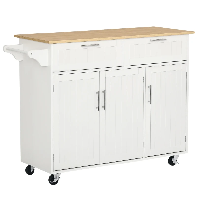 HOMCOM Kitchen Island Utility Cart, with 2 Storage Drawers & Cabinets for Dining Room, White