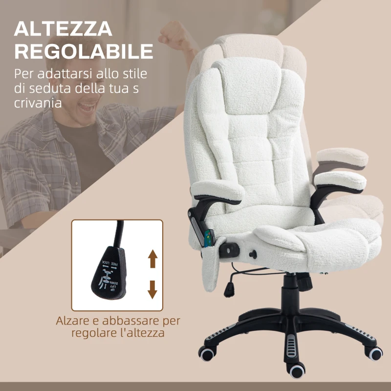 Vinsetto Sedia da Ufficio Massaggiante e Regolabile con Telecomando, in Tessuto Teddy, 67x74x107-116 cm, Bianco