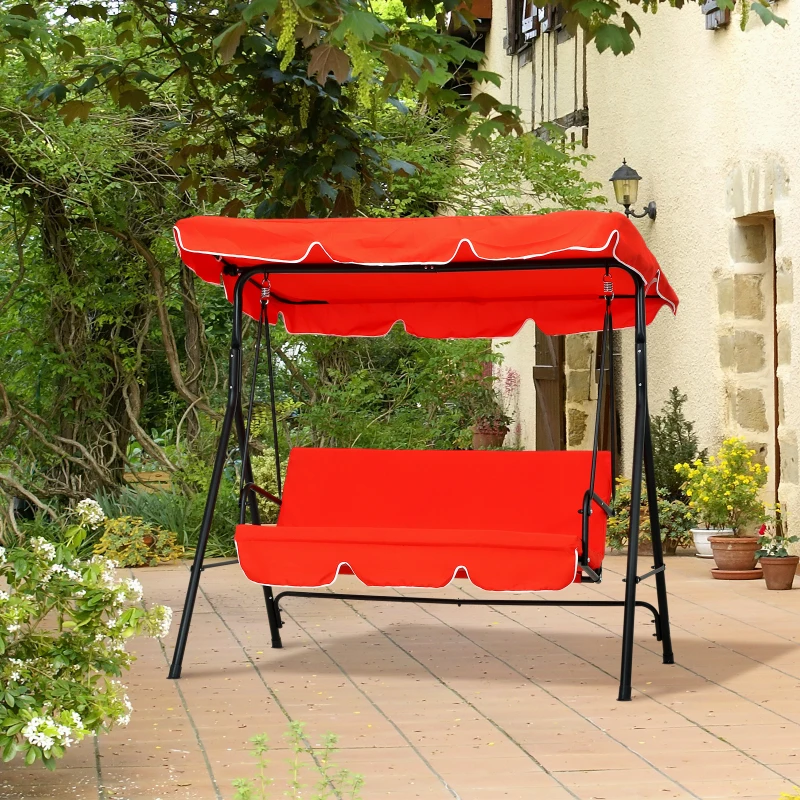 Outsunny Dondolo da giardino 3 posti con tetto e struttura in acciaio, Rosso