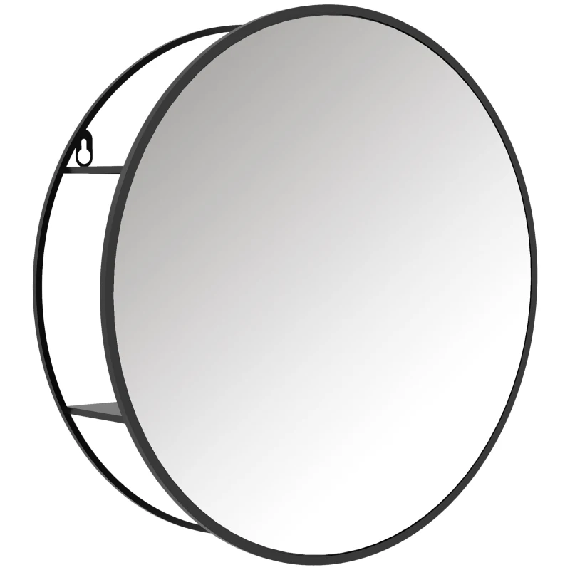 HOMCOM Miroir mural rond avec 2 étagères de rangement pour salle de bain, cadre en métal noir, diamètre de 50 cm