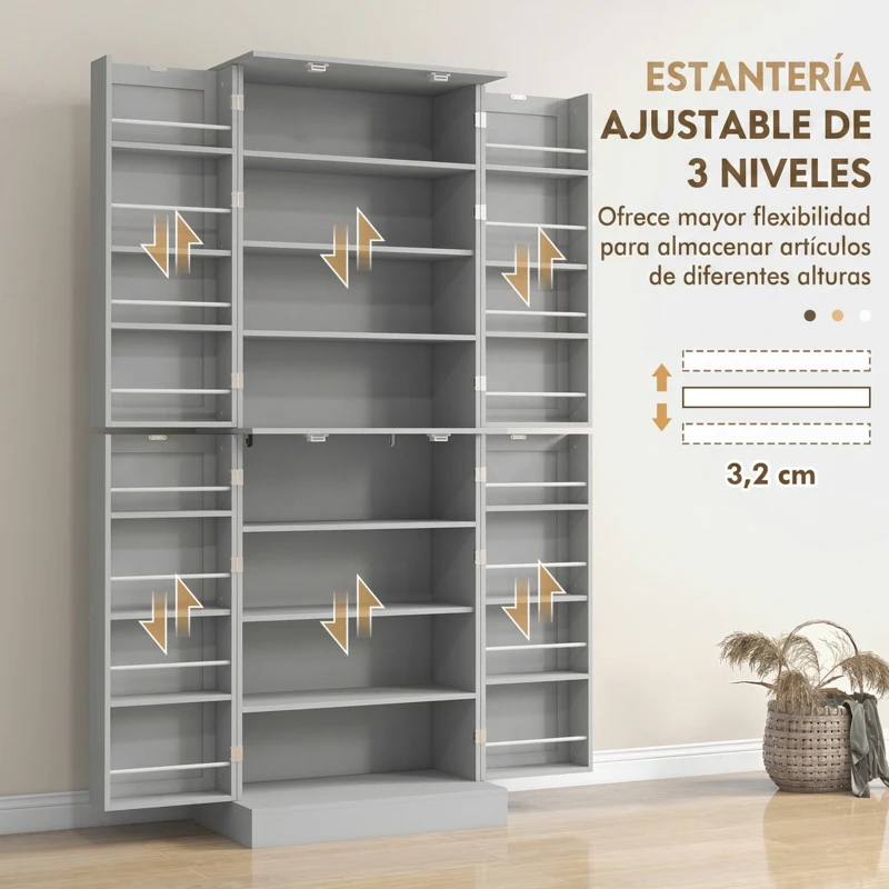 HOMCOM Armario Despensa de Cocina con 4 Puertas con Estantes Estantes Ajustables para Sala de Estar Comedor Gris