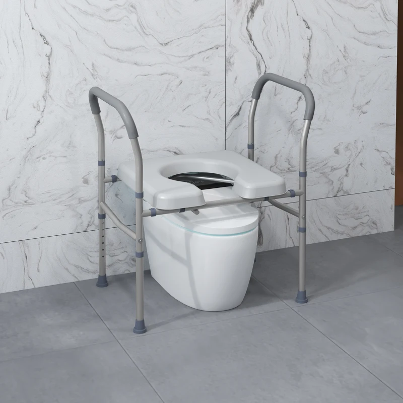 HOMCOM Sedia Comoda WC per Anziani e Disabili 4 in 1 Regolabile in Altezza con Braccioli Imbottiti, Grigio