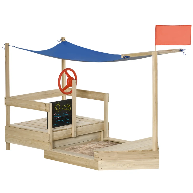 Outsunny Arenero Infantil de Madera Cajón de Arena de Jardín Diseño de Galeón con Vela Toldo Pizarra Bandera Roja y Timón para Niños de +3 Años 180x91,5x144 cm Natural