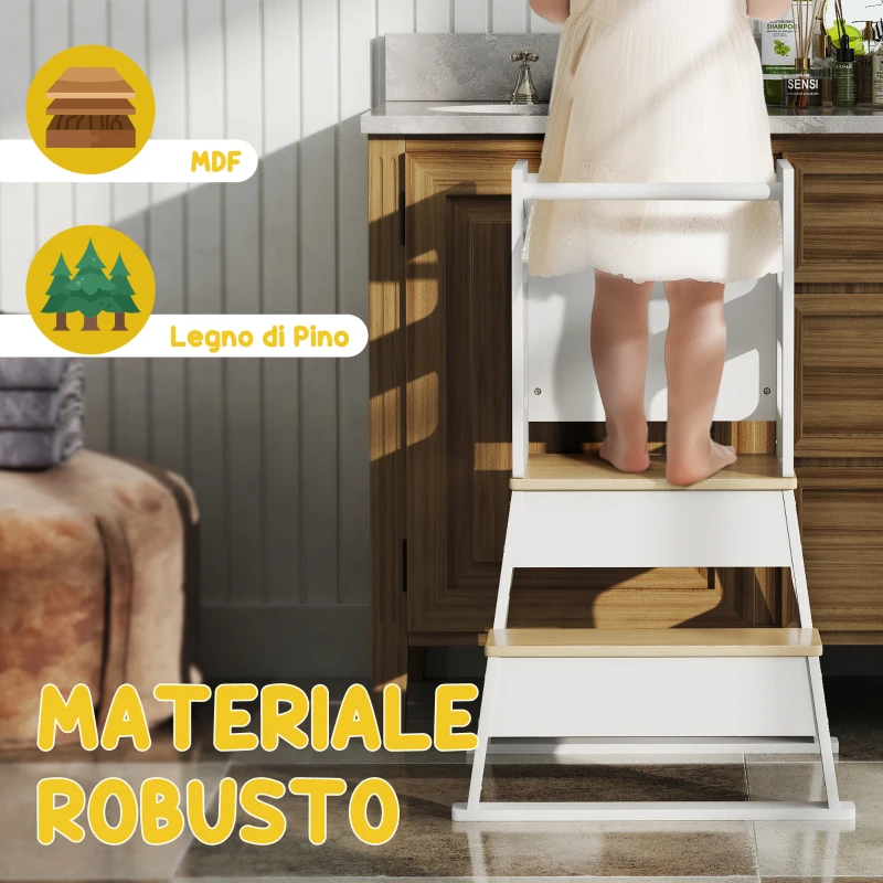 AIYAPLAY Torre Montessoriana per Bambini con Lavagna e Ringhiera, in Legno, 55x52.5x87.5 cm, Bianco e color Legno