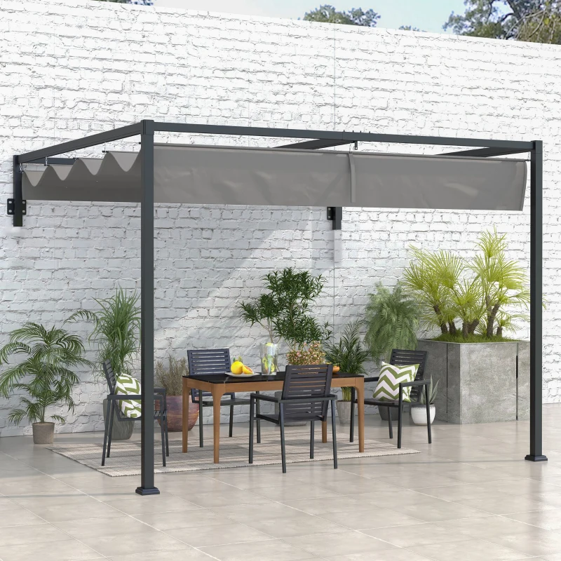 Outsunny Pergola Gazebo 3x4 m con Tettuccio Retrattile e Fori di Drenaggio, in Acciaio e Poliestere, Grigio