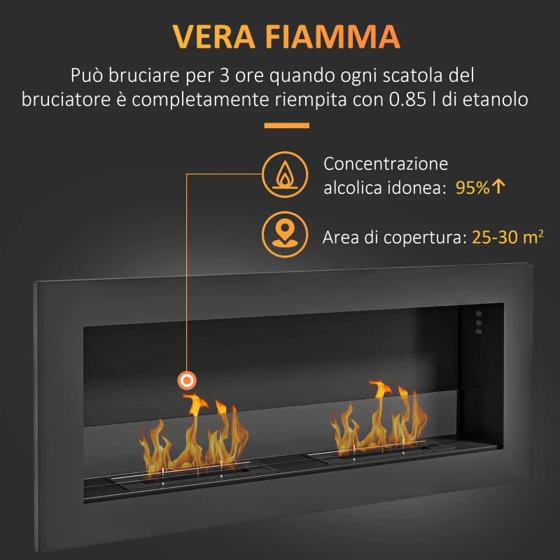 HOMCOM Camino a Bioetanolo da Incasso in Acciaio Inox, 2 Bruciatori da 0.85L per 3 Ore di Durata, 90x15x40cm, Nero