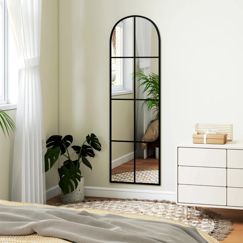 HOMCOM Grand miroir mural ou sur pied 40 x 160 cm de fenêtre arquée avec cadre en métal, film antidéflagrant, noir