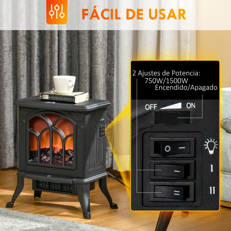 HOMCOM Chimenea Eléctrica de Pie 750/1500 W con 2 Niveles de Potencia Efecto Llama Área de Cobertura 15-20 m² Negro