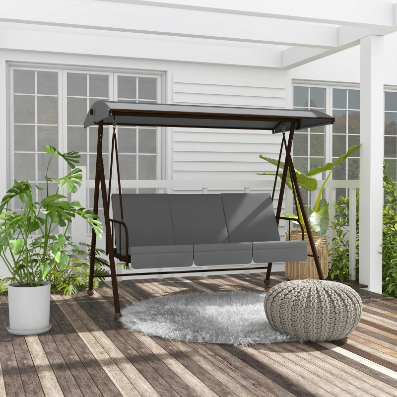 Outsunny Balancelle de jardin convertible 3 places grand confort avec 3 coussins toit réglable acier polyester gris