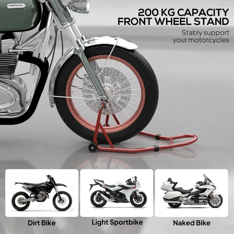HOMCOM Front Motorcycle Paddock Stand Motorbike Stand with Anti-Slip Mat, Adjustable Pin and Swingarm Spool Adaptors, 200 kg Capacity, for 18", 17" and 10" Tyre, Red